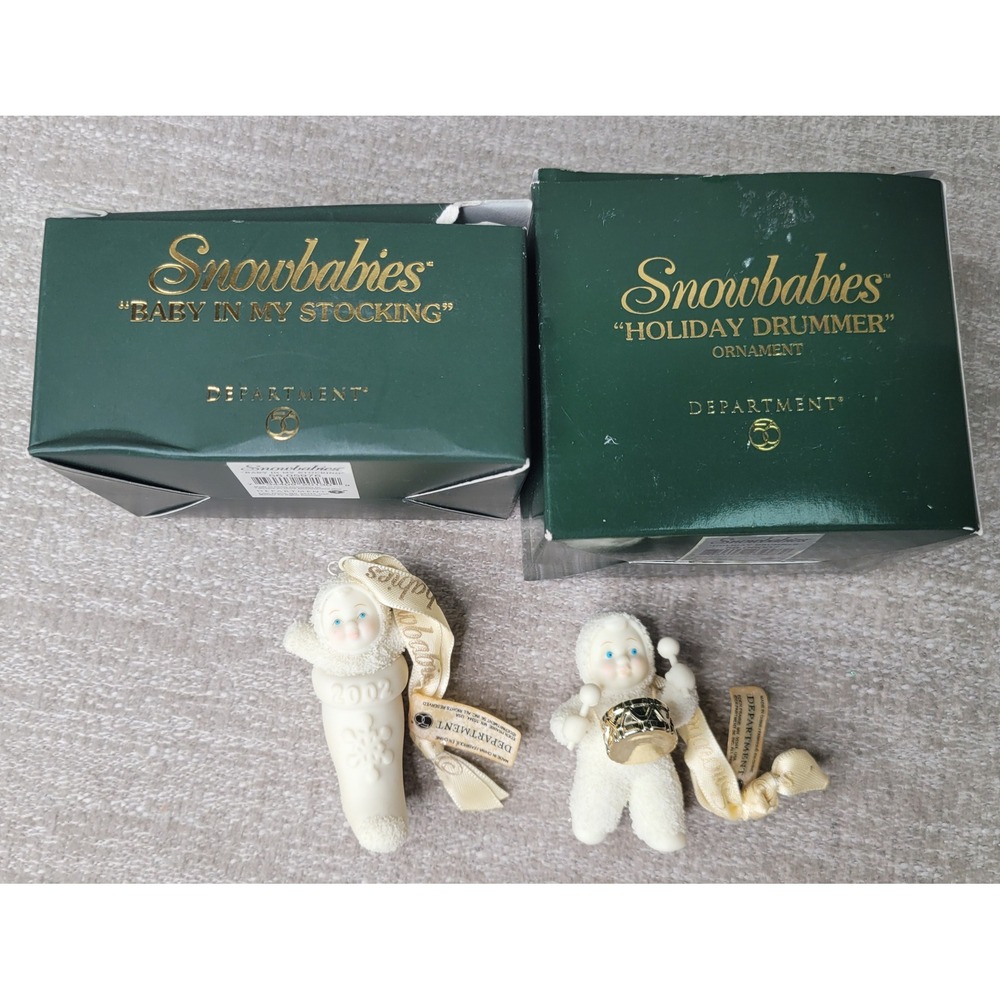 Dept 56 Snowbabies Ornaments Baby In My Stocking 2002 Holiday Drummer Set of 2